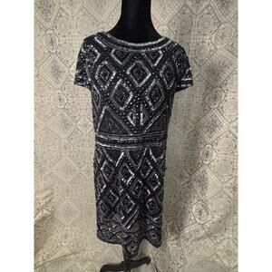 Adrianna Papell Beaded Cocktail Dress Size 14 Black, Blue & Silver Beading